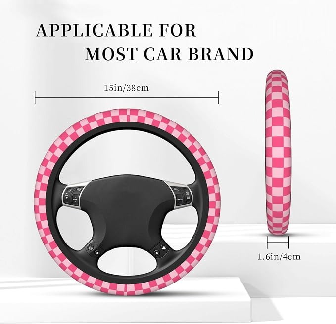Hot Pink Checkered Steering Wheel Cover for Women, Universal Auto Steering Wheel 14-15 Inch Car Interior Accessories with 2PCS Car Coasters, Suitable for Men and Women