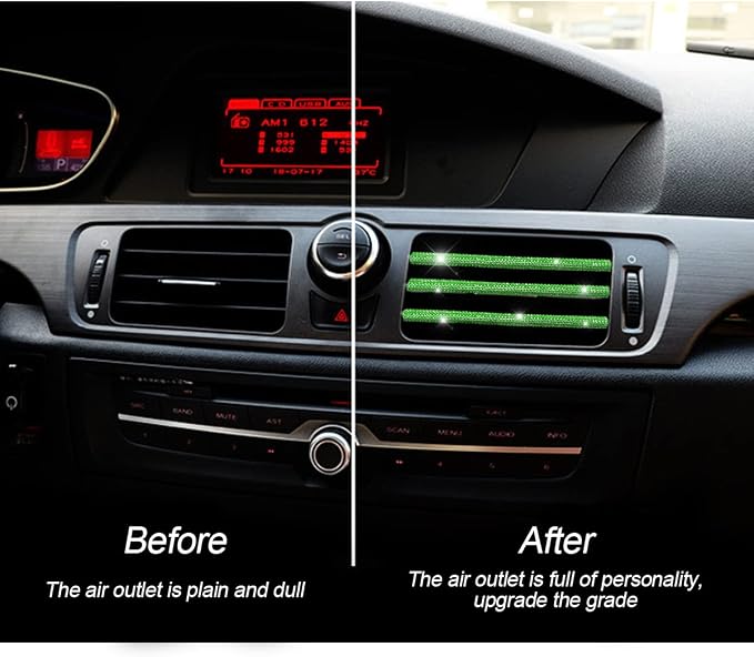 Green Rhinestones Diamond Decoration Strips, 10PCS Waterproof Bling Car Vent Outlet Trim for Straight Air Conditioner, Interior Accessories for Women Girls