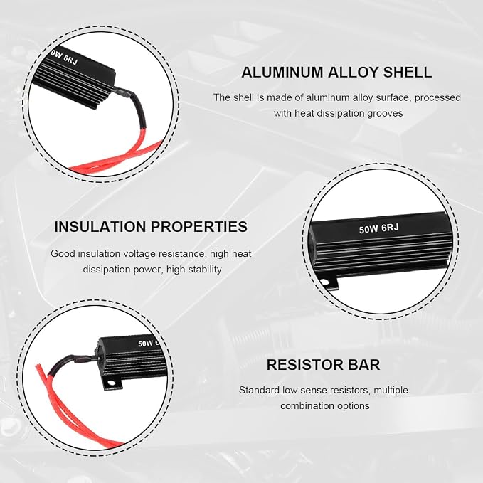 2PCS 50W 6Ohm LED Load Resistors, Automotive LED Turn Signal Resistor Flasher Adaptor with Wire Clips, Vehicle Replacement Resistors for Fixing Hyper Flash Warning Cancellor (Black)