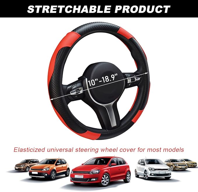 DXNQ Car Steering Wheel Cover, 15 Inch Carbon Fiber Leather Stitching Color Steering Wheel Protector, Anti-Slip Elastic Breathable Steering Wheel Cover Stylish Decor for Most Cars (Black&Red)