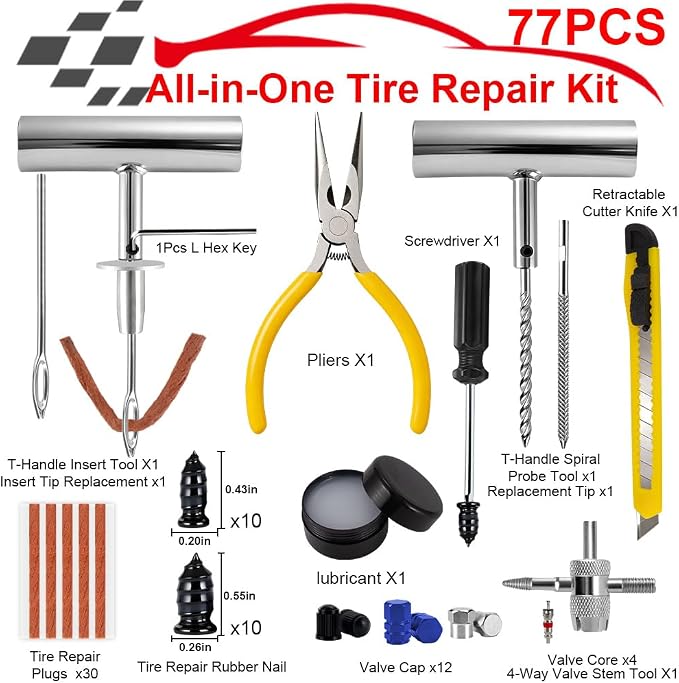 77Pcs Tire Plug Kit, Heavy Duty Tire Repair with Rubber Nails, Screw Plugs, T-Handle, Professional Fix a Flat Puncture Patch Tools Kit for Car, Motorcycle, Truck, UTV, ATV & Lawn Mower Tubeless