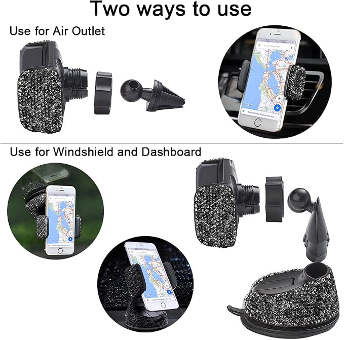SUNCARACCL Bling Car Phone Holder, 360°Adjustable Crystal Auto Phone Mount Universal Rhinestone Car Stand Phone Holder Car Accessories for Windshield Dashboard and Air Outlet (Black)