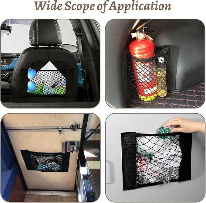 2 Pcs Back Seat Car Organizer Net for SUV, RV Inside Storage Organization Universal Cargo Mesh Bags, Adhesive Elastic Net Holder Accessories Pouch for Trunk, Camper, Car Ceiling, Front Seat, Boat