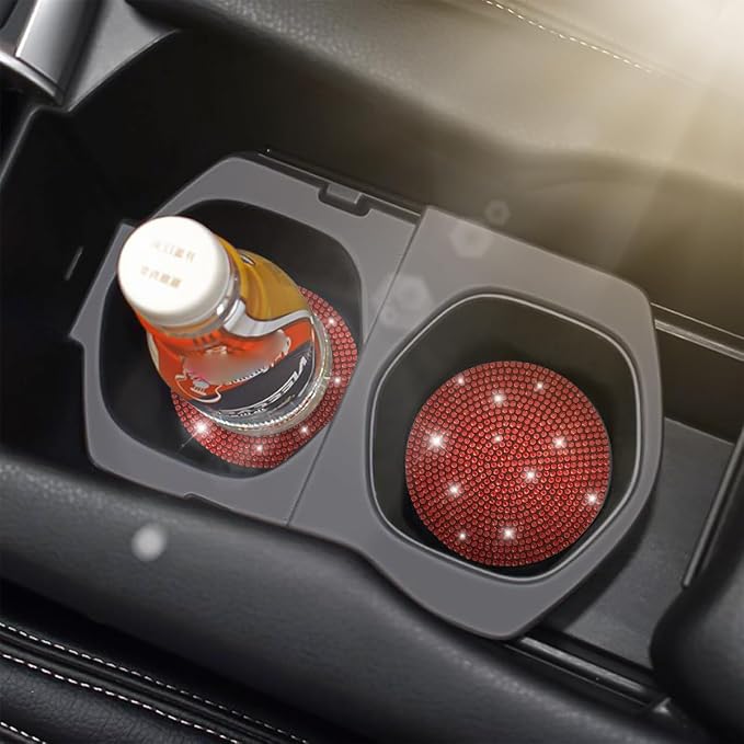 Osilly Bling Car Cup Holder Coaster, 2 Pack Crystal Rhinestone Anti-Slip Insert Coasters, Universal 2.75 Inch Fashion Automotive Cup Mat, Car Interior Accessories Decor Gifts for Women (Red)
