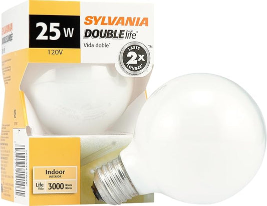 Sylvania Double Life 25 Watt Vanity Light Bulbs 1 Pack - Incandescent E26 Medium Base Globe Bulbs for Bathroom, Dimmable G25 Type G Round Vanity Bulbs 25W, 120V Soft White Warm White 3000 Hour