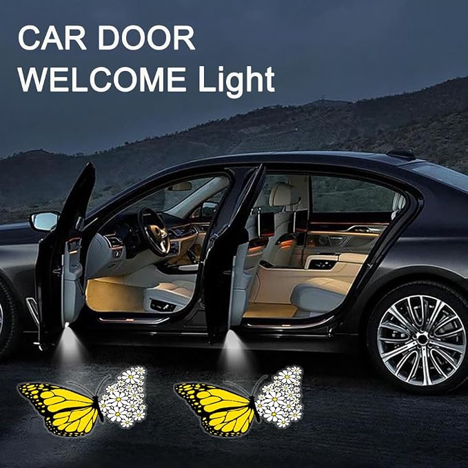 2PCS Car Door Lights,Butterfly and Daisy Door Lights Logo Projector LED Shadow Welcome Lamp,Car Accessories Butterfly and Daisy Gifts for Women Men,Suitable for All Vehicles Motorcycle Bike