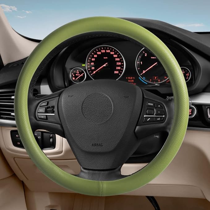 Car Steering Wheel Cover,Universal 15 Inch Premium Leather Car Steering Wheel Cover,Best Grip,Perforated Design,Breathable,Non-Slip,Sweat-Absorbent,Warm in Winter and Cool in Summer (Green)