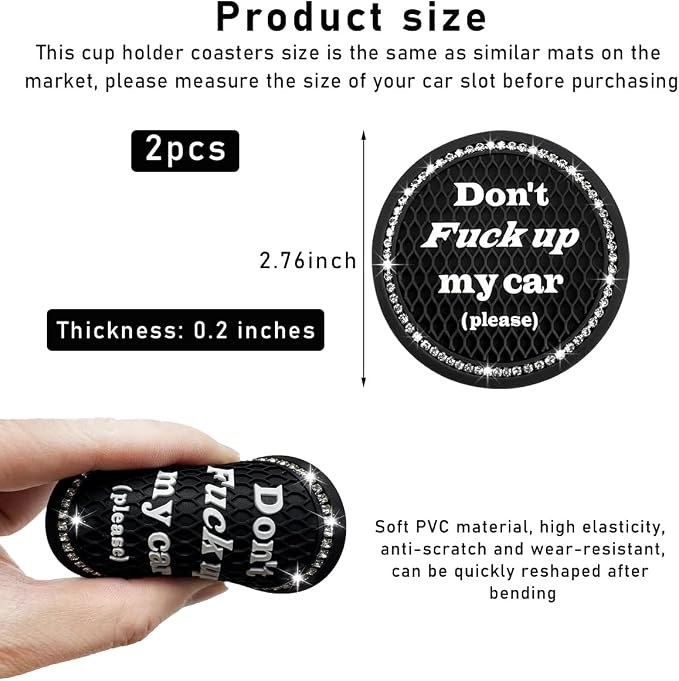 2 PCS Bling Car Cup Coaster, 2.75 Inch Anti-Slip Cup Holder Insert Coasters, Crystal Rhinestone Auto Drink Car Cup Mat for Women Girls, Universal Interior Car Accessories (Black)
