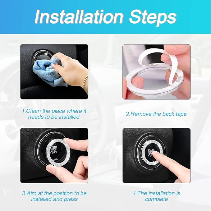 Bling Crystal Rhinestone Engine Start Ring Decals, 2 Pack Push Start Button Cover/Sticker, Key Ignition Knob Bling Ring, Sparkling Car Interior Accessories for Women (AB)