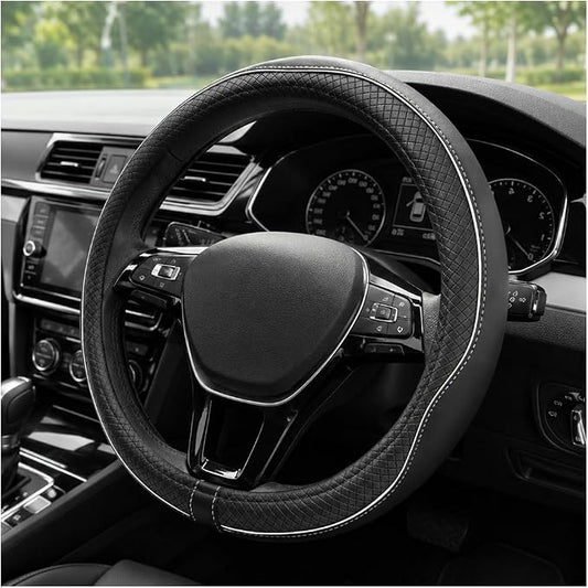 Car Steering Wheel Cover, 15 Inch Anti-Slip Breathable Leather Auto Steering Wheel Protector, Full Surround Soft Steering Wheel Cover for Men Women, Car Interior Accessories (Black & White)