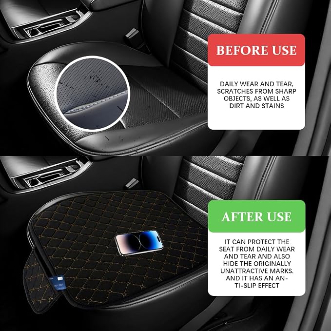 Leather Front Car Seat Cover, Anti-Slip Car Seat Bottom Covers, Full Wrapped Bottom Seat Protectors with Storage Pocket, Universal Comfortable Seat Cushion Fit Vehicles SUVs Trucks (K2-Black Gold)