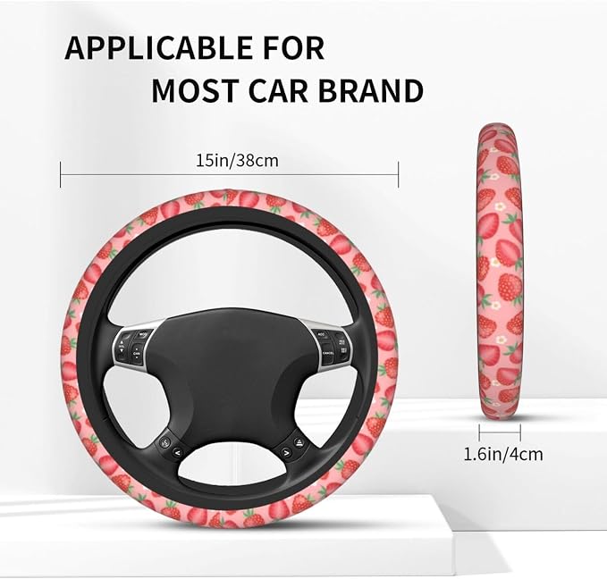 Cute Pink Strawberry Steering Wheel Cover Anti-Slip and Practical 14.5-15 Inch Universal Steering Wheel Cover with 2 Pieces Car Coasters Suitable for Men Women