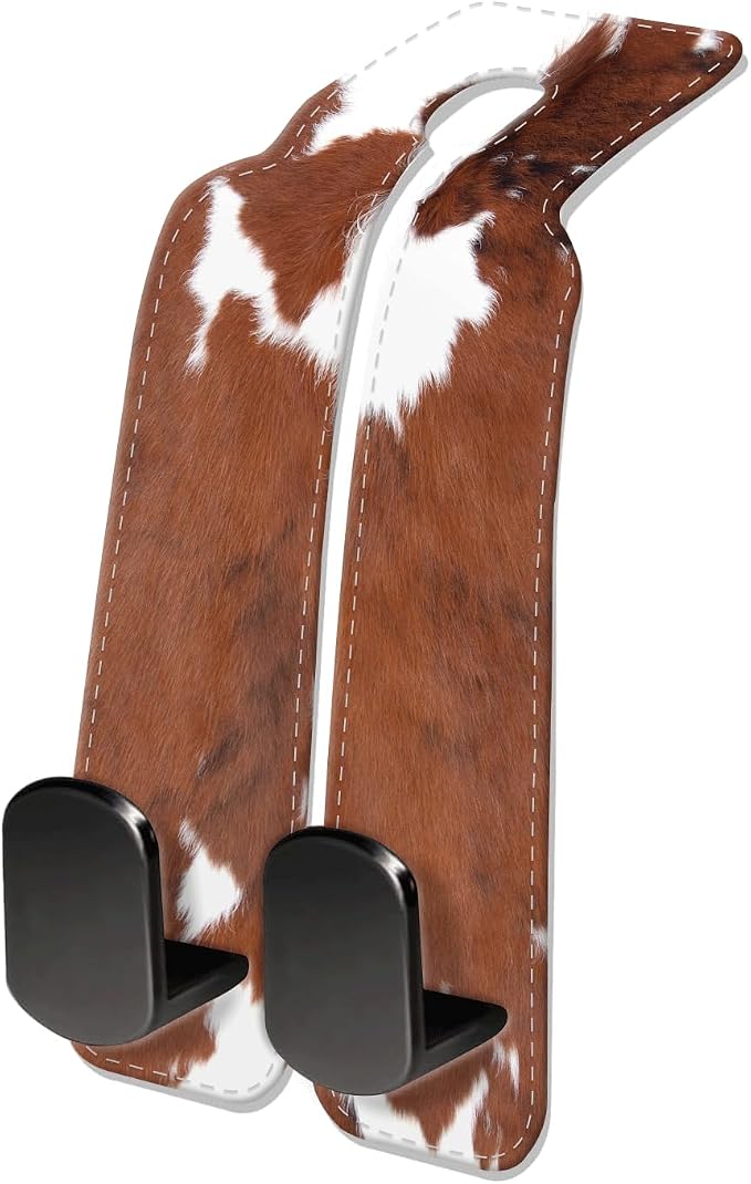 Car Seat Headrest Hook, Universal Leather Cute Hanger Holder Hook, Storage Organizer Interior Accessories for Purse Bags Handbag Brown White Cowhide