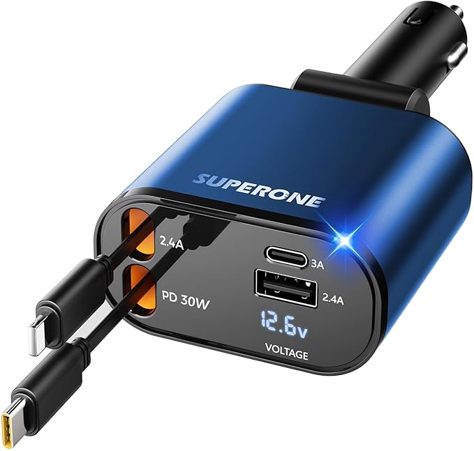 [Upgraded] SUPERONE Retractable Car Charger 4 in 1 Fast Car Phone Charger | USB C and Apple Multi Car Adapter with Cord 2.6ft, Compatible with iPhone 17 16 15/15 Pro Max/14/13/12/11, Galaxy, Pixel