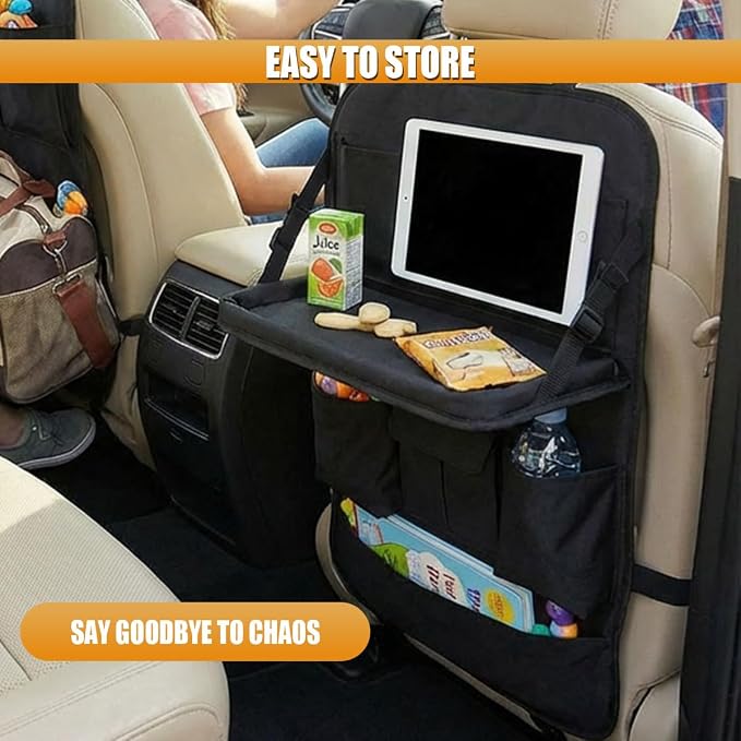 Car Backseat Organizer with Foldable Table Tray, Oxford Cloth Car Seat Back Kick Mat Protector, Multifunctional Auto Interior Hanging Storage Pocket for Cars, SUVs(With)