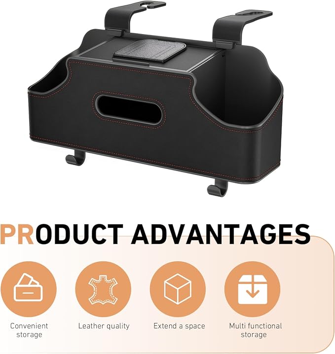Car Organizer, Car Back Seat Organizer with 2 Drink Cup Holder, Leather Car Storage Box with Tissue Pouch, Multi-functional Behind Seat Storage Case, Universal for Most Vehicles (Black)