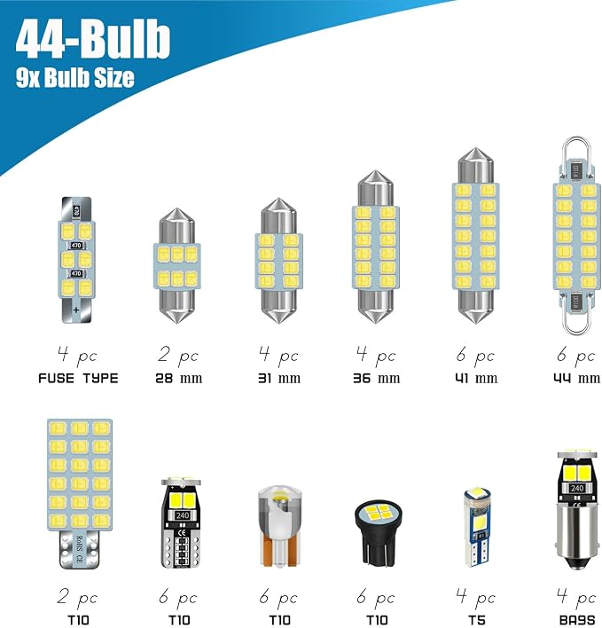 44-Pack Car Truck Vehicle LED Interior Light Map Dome Bulb Kit | 12V White DE3175 6418 6411 T10 194 BA9S 64111 T5 74 6615F 28mm 31mm 36mm 41mm Vanity Mirror Footwell Cargo License Plate Bulb