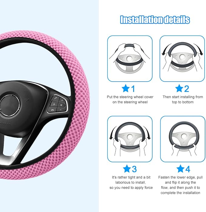 Car Elastic Stretch Steering Wheel Cover, 14.5-15" Breathable Ice Silk Anti-Slip Vehicle Steering Wheel Protector, Comfy Auto Interior Protection Accessories, Universal Fit (Pink)