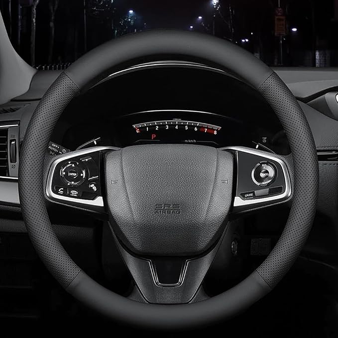 HAOTULE New Nappa Leather car Steering Wheel Cover, Anti-Slip, Safety, Soft, Breathable Full Surround Universal 15 inch Black
