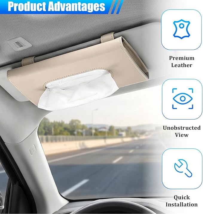 Car Tissue Holder, Rectangle Vehicle Sun Visor Napkin Case with Ergonomic Take Out Port, Automotive Interior Sunshade Tissue Box Organizer, Universal for SUV RV Truck (Khaki)