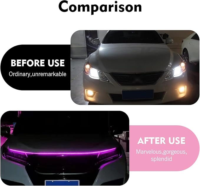 1PC Car Hood LED Strip Light, 59In Waterproof Flexible LED Light Strip with Adhesive Tape, Exterior and Interior Decoration, Universal for Most Cars, Trucks, SUVs DC 12V (Pink)