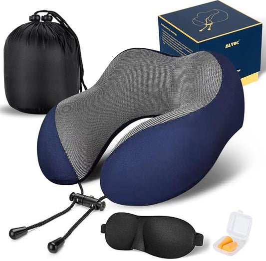 MLVOC Neck Pillow for Traveling, Upgraded 100% Pure Memory Foam Travel Neck Pillow for Airplane Flight Sleep, Breathable & Machine Washable Cover, Travel Kit with 3D Eye Mask, Earplugs & Bag, Blue | memor foam