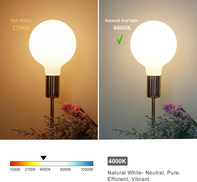 2 Pack G40 Globe LED Light Bulbs, 5.5W Dimmable 50 Watt Equivalent LED Edison Bulbs, Neutral White 4000K, 600LM, E26 Base, Milky Filament Bulbs for Bathroom Bedroom Living Room