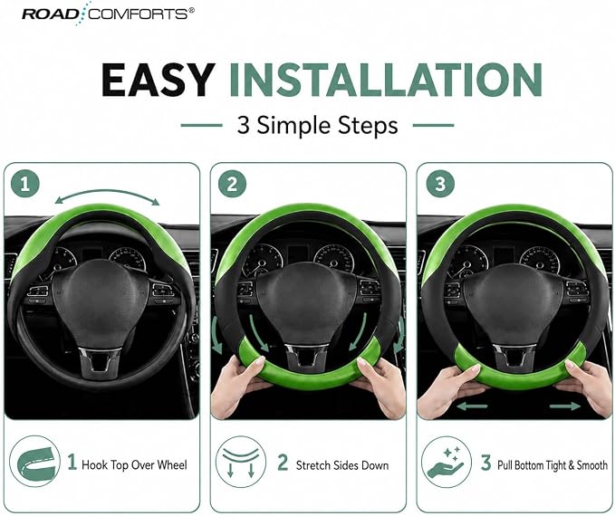 Road Comforts Steering Wheel Cover – Breathable Leather Steering Wheel Cover, Anti-Slip Grip, Universal Fit 14.5” to 15”, Heat & Cold Resistant for Cars, SUVs, and Trucks – Black & Shining Green