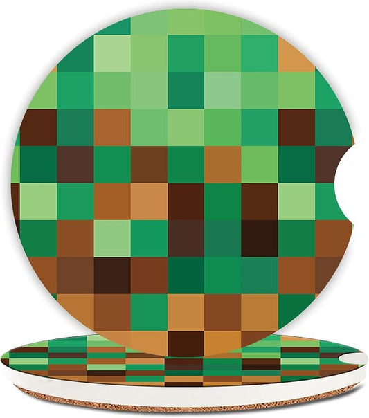 Green Brown Checkerd Car Coasters for Cup Holder Absorbent Ceramic Cup Coaster 2 Pack Anti Slip Car Interior Accessories with Finger Notch Cork Base for Women Men 2.56"