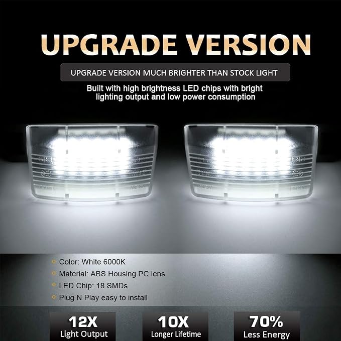 D-Lumina LED License Plate Light Lamp Assembly Replacement Compatible with Nissan 350Z 370Z GT-R Versa Cube Leaf Sentra Infiniti Q40 Q60 G25 G35 G37, Powered by 18-SMD 6000K White Pack of 2