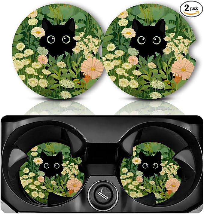 Yonlevres Car Coasters for Cup Holders，2.75" Anti Slip Rubber Mat with A Finger Notch, 2 Pack Car Cup Holder Coasters for Car Interior Accessories for Women Men Cute Cat