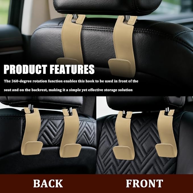 2PCS Car Seat Headrest Hooks, Purse Hook for Car, Automotive Headrest Handbags Holder, Auto Accessories Leather Seatback Organizer Hanger for Hanging Purses Bags Coats (Beige, 2PCS)