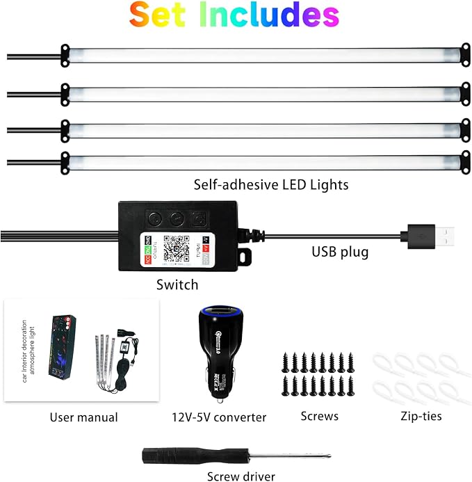 Car Led Interior Light Strip 13 Inch 72LEDs Under Dash Foot Well Soft Lighting RGB DIY 210 Modes Static/Chase/Gradient/Strobe/Music, Timer App Switch Control, USB 5V DC 12V, No Remote