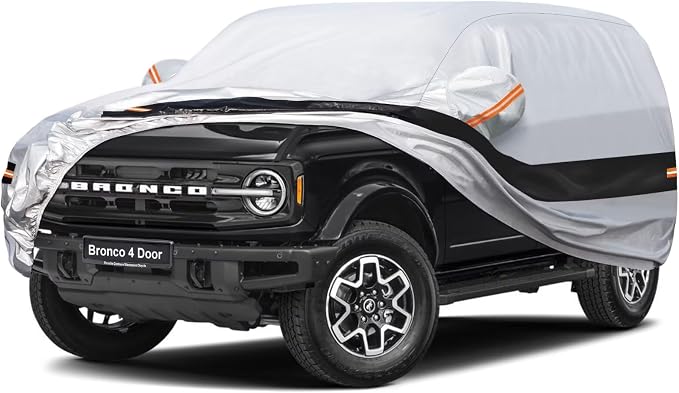 10 Layers SUV Car Cover Custom Fit for Ford Bronco 4 Door (2021-2026), Waterproof All Weather for Automobiles, Outdoor Full Cover Sun Dust Rain Protection with Cotton. Silver