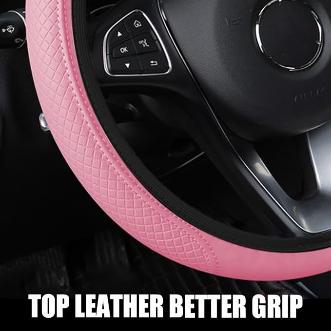 Car Steering Wheel Cover, Universal 14.5-15 Inch Pink Leather Steering Wheel Wrap with Better Sport Grip for Men Women, Anti-Slip Breathable Car Interior Accessories for Most Vehicles (Pink2)