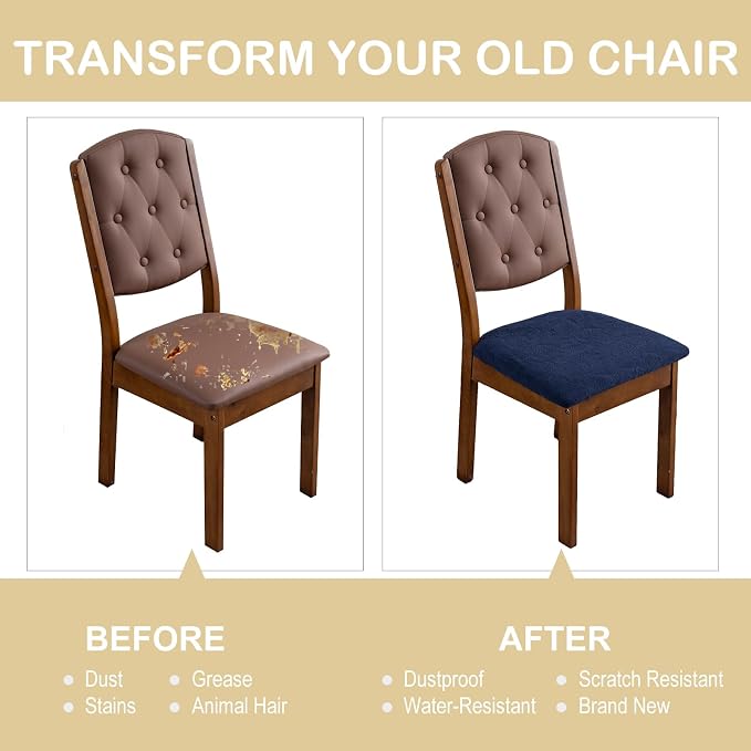 Waterproof Chair Seat Cover for Dining Room-Stretchy Washable Chair Seat Covers Set of 6-Kitchen Chair Seat Slipcovers Protector for Home Restaurant Banquet (Navy Blue,Large)
