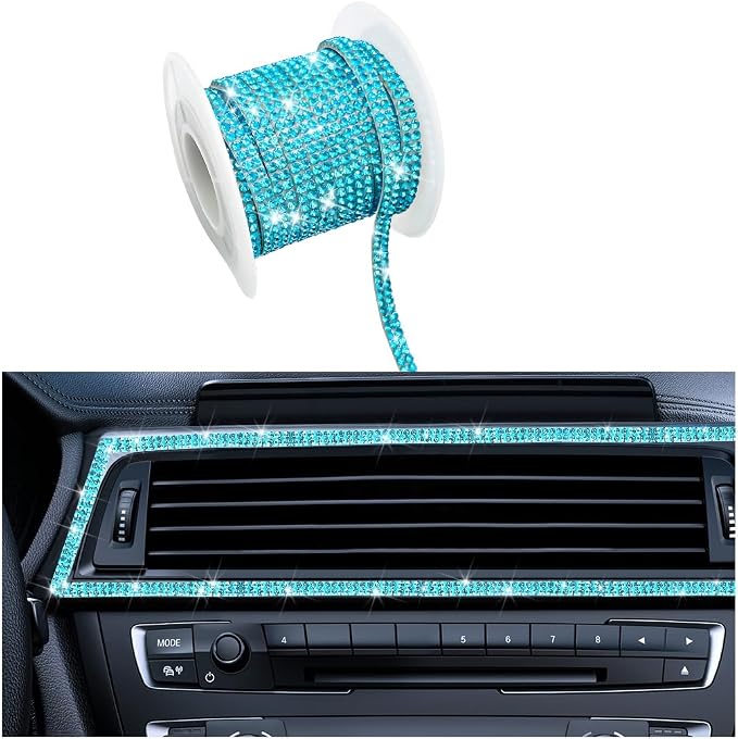 BELOMI Bling Car Trim Self Adhesive Strip, 16.4Ft Crystal Rhinestone Vehicle Dashboard Line Molding Stickers, Diamond Auto Interior Exterior Decor Accessories for Women Girls, Universal Fit（Lake Blue）