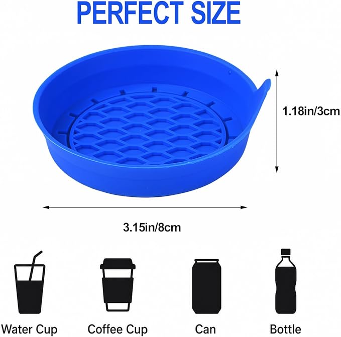 4 Pack Car Cup Holder Coaster, 3.15 Inch Non-Slip Silicone, Blue | Cup holder insert, spill proof ,raised lip, honeycomb base, rinse clean, fits most sedans suvs trucks, automotive accessories