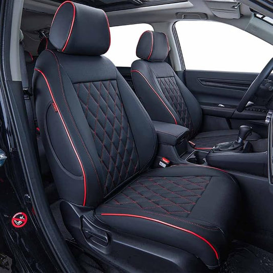 EKR Car Seat Covers for Honda CRV 2017-2022 Leatherette Full Set | Custom Fit for Honda CRV 2017 2018 2019 2020 2021 2022,Factory-Style Interior Upgrade,Faux Leather(Black with Red Piping)