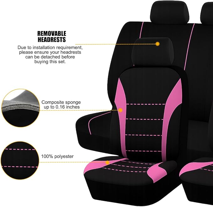 Car Seat Cover Full Set, Fashion Soft Sponge Vehicle Front and Rear Split Bench with Removable Headrest Cover, Breathable Auto Seat Protector, Universal for Truck SUV Sedan (Pink/Black)