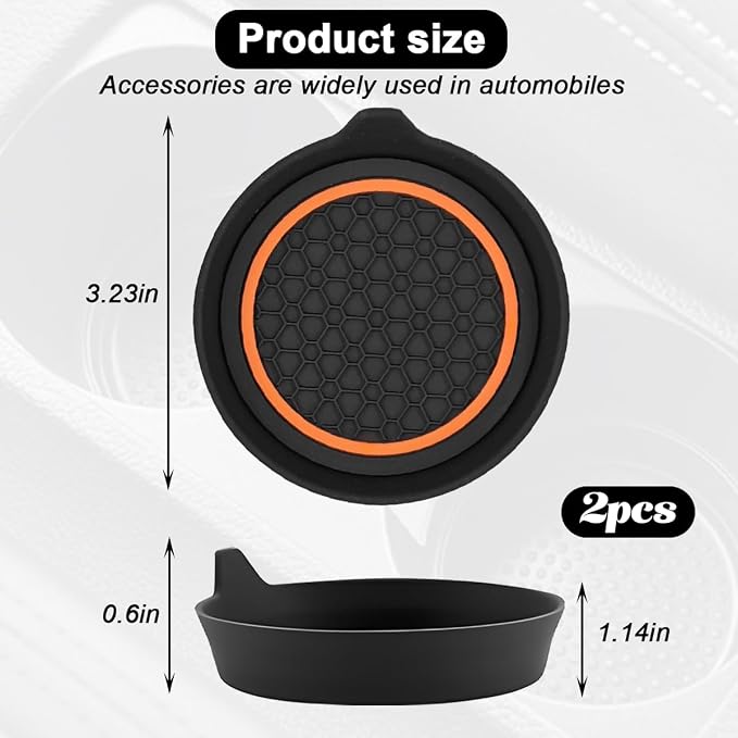 HZEL Car Cup Holder Coasters, 2PCS Non Slip Waterproof Vehicle Water Bottle Pads, Recessed Automotive Drink Mat Decoration Accessories, Universal Fit (Orange/Black)