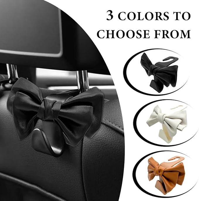 2 PCS Car Seat Headrest Hooks, Cute Bow Shaped Vehicle Backseat Purse Holder Storage Hook, Bow Knot Seat Back Hooks Hanging Organizer for Coat Umbrellas Grocery Bag (White)