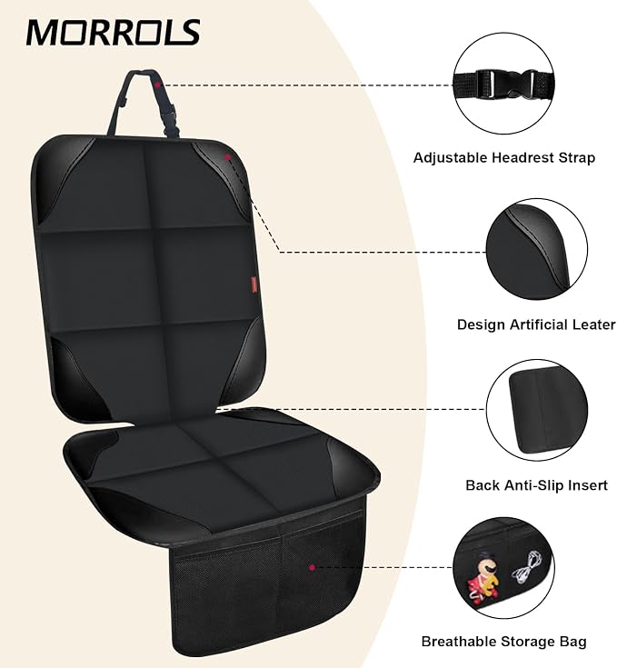 MORROLS Car Seat Protector for Child Seats,1 Pack Car Seat Cushion,Waterproof Fabric Car Seat Covers for Non-Slip Backing Mesh Pockets for Baby,Pet,SUV, Sedan and Trunk(Black)