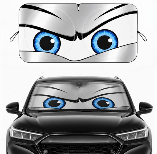 Car Windshield Sun Shade, Universal Fit Midsized Sedan SUV, Sporty Silver | 63 x 31.5" Windshield Cover, Foldable Front Window Sunshade, UV Heat Protection, Cute Eyes Series
