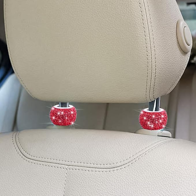 4PCS Bling Car Headrest Collars, Crystal Rhinestone Vehicle Head Rest Collars Decorative Rings, Diamond Automotive Seat Interior Charms Accessories, Universal for SUV, Sedan, Truck (Red)