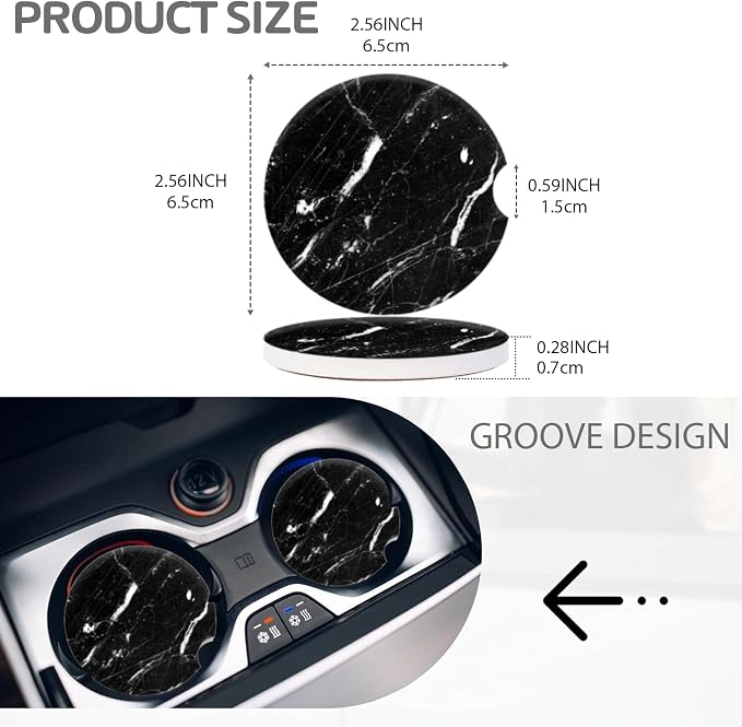 Cup Holder for Car,Black Marble Clean Style Ceramic Coasters Non-Slip Cup Holder Insert with Fingertip Grip, Auto Interior Accessories for Women & Men,Pack of 2, 2.56In