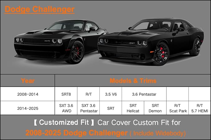 Kayme Heavy Duty Car Cover Custom Fit Dodge Challenger Demon (R/T, SRT, T/A, Hellcat 2008-2025), Waterproof All Weather for Automobiles, Full Exterior Covers Rain Sun UV Protection.