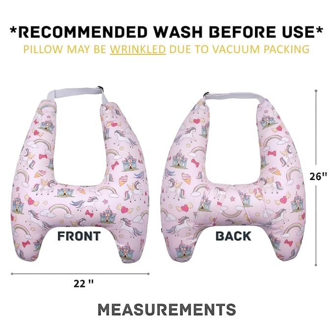 Travel Pillow Car Cushion for Kids 6 Years Old+ Shoulder Neck Back Support & Seat Belt Comfort, Road Trip Cozy Sleeping Gift for Young Travelers, Parents, Families, Baby Shower (Unicorn Pink)