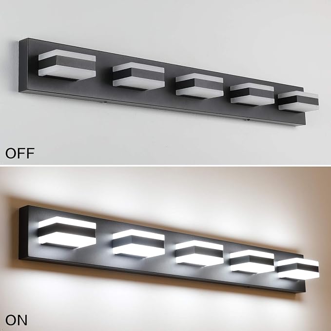 SOLFART Black Bathroom Vanity Lights Over Mirror Dimmable LED Modern Black Bathroom Lighting Bath Wall Lighting S8568 (5 Lights) ETL Listed
