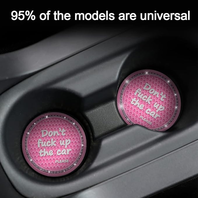 2 Pack Bling Car Coasters for Cup Holder, Crystal Rhinestone 2.75 in Cup Holder Coaster, Silicone Anti-Slip Insert Cup Mats for Women, Interior Accessories Universal for Most Cars (Pink)